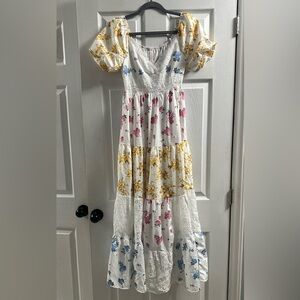 Floral Patchwork Lace Maxi Dress With Pouf Sleeves Size XS